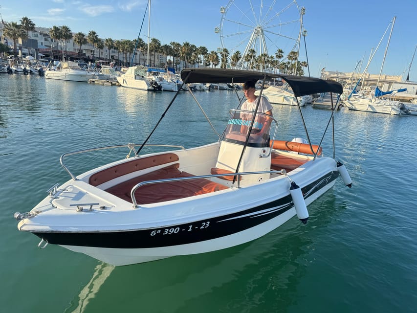 Benalmádena: Boat Rental without License - The Swim, Photo, and Sunset Stretch Off Benalmádena